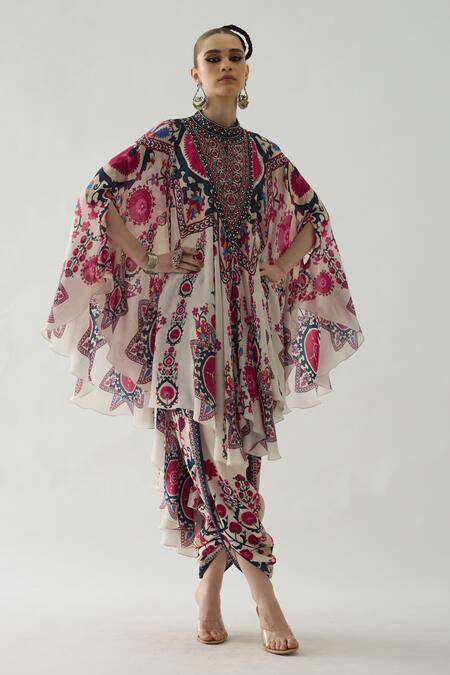 Buy_Rajdeep Ranawat_Red Silk Embroidery Bandeau Farah Budding Garden Print Draped Circular Dress _Online_at_Aza_Fashions