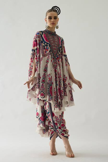 Shop_Rajdeep Ranawat_Red Silk Embroidery Bandeau Farah Budding Garden Print Draped Circular Dress _Online_at_Aza_Fashions