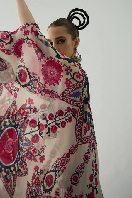 Rajdeep Ranawat_Red Silk Embroidery Bandeau Farah Budding Garden Print Draped Circular Dress _at_Aza_Fashions