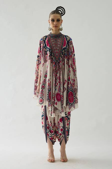 Rajdeep Ranawat_Red Silk Embroidery Bandeau Farah Budding Blossom Print Draped Circular Dress _Online_at_Aza_Fashions