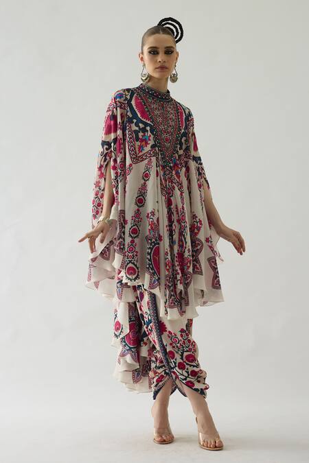 Shop_Rajdeep Ranawat_Red Silk Embroidery Bandeau Farah Budding Blossom Print Draped Circular Dress _Online_at_Aza_Fashions