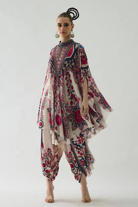 Rajdeep Ranawat_Red Silk Embroidery Bandeau Farah Budding Blossom Print Draped Circular Dress _at_Aza_Fashions