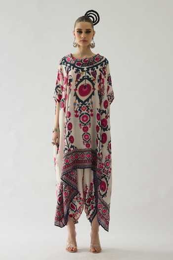 Rajdeep Ranawat_Red Silk Cowl Neck Lavanya Art Nouveau Print Tunic _Online_at_Aza_Fashions