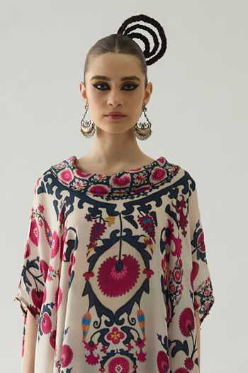Buy_Rajdeep Ranawat_Red Silk Cowl Neck Lavanya Art Nouveau Print Tunic _Online_at_Aza_Fashions