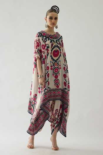 Shop_Rajdeep Ranawat_Red Silk Cowl Neck Lavanya Art Nouveau Print Tunic _Online_at_Aza_Fashions