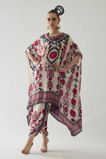 Rajdeep Ranawat_Red Silk Cowl Neck Lavanya Art Nouveau Print Tunic _at_Aza_Fashions