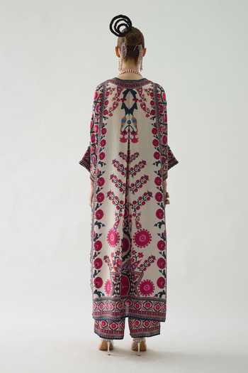 Shop Rajdeep Ranawat Red Silk Embroidery V-neck Banera Floral Print V Kimono Tunic at Aza Fashions Shop_Rajdeep Ranawat_Red Silk Embroidery V-neck Banera Floral Print V Kimono Tunic _at_Aza_Fashions