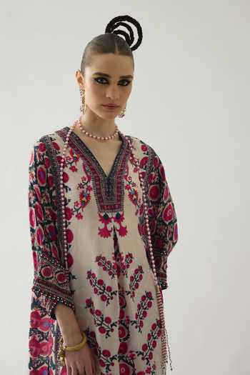 Rajdeep Ranawat Red Silk Embroidery V-neck Banera Floral Print V Kimono Tunic at Aza Fashions Rajdeep Ranawat_Red Silk Embroidery V-neck Banera Floral Print V Kimono Tunic _at_Aza_Fashions