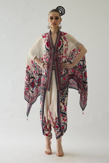 Rajdeep Ranawat_Red Chloe Floral Garden Print Front Open Cape With Belt _Online_at_Aza_Fashions