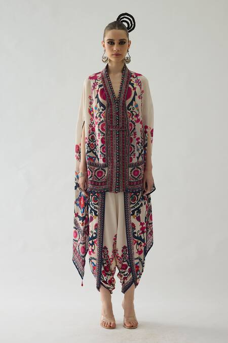Buy_Rajdeep Ranawat_Red Chloe Floral Garden Print Front Open Cape With Belt _Online_at_Aza_Fashions