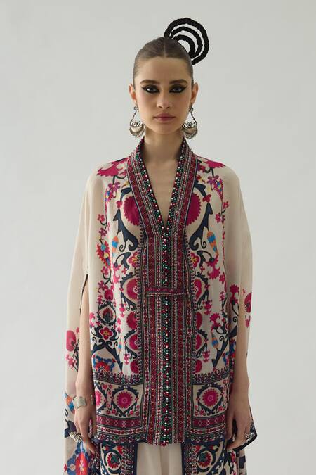 Shop_Rajdeep Ranawat_Red Chloe Floral Garden Print Front Open Cape With Belt _Online_at_Aza_Fashions