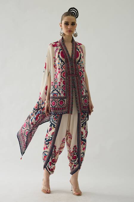 Rajdeep Ranawat_Red Chloe Floral Garden Print Front Open Cape With Belt _at_Aza_Fashions