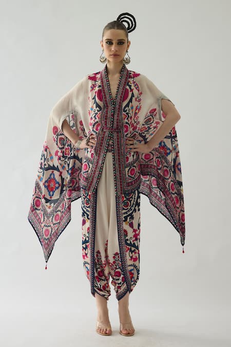 Rajdeep Ranawat Red Silk Print Floral Garden V Chloe Fleur Front Open Cape With Belt  