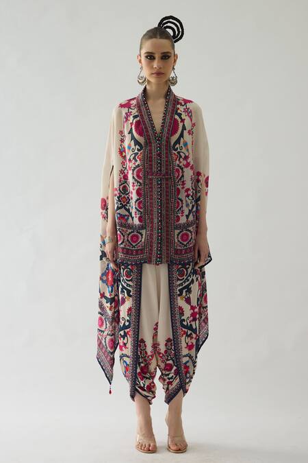 Rajdeep Ranawat_Red Chloe Fleur Garden Print Front Open Cape With Belt _Online_at_Aza_Fashions