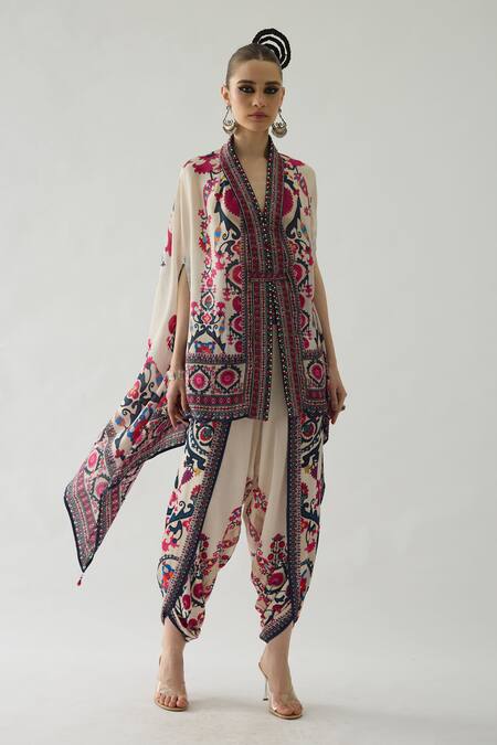 Buy_Rajdeep Ranawat_Red Chloe Fleur Garden Print Front Open Cape With Belt _Online_at_Aza_Fashions