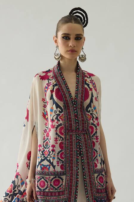 Shop_Rajdeep Ranawat_Red Chloe Fleur Garden Print Front Open Cape With Belt _Online_at_Aza_Fashions