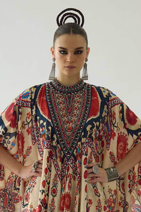 Rajdeep Ranawat_Red Silk Embroidery Bandeau Farah Blooming Garden Print Draped Circular Dress _Online_at_Aza_Fashions