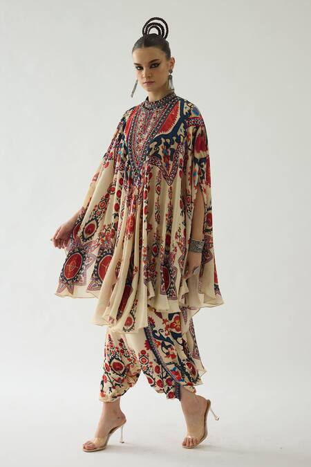 Buy_Rajdeep Ranawat_Red Silk Embroidery Bandeau Farah Blooming Garden Print Draped Circular Dress _Online_at_Aza_Fashions