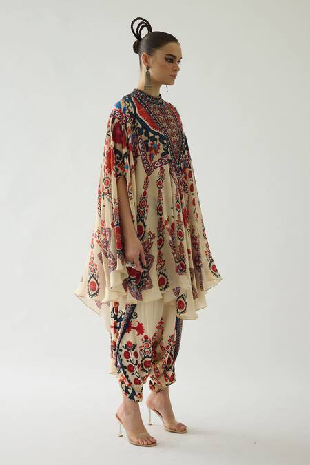 Shop_Rajdeep Ranawat_Red Silk Embroidery Bandeau Farah Blooming Garden Print Draped Circular Dress _Online_at_Aza_Fashions