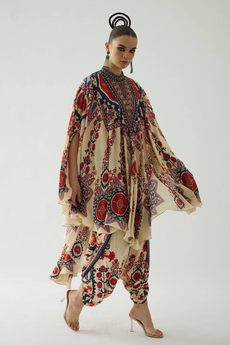 Rajdeep Ranawat_Red Silk Embroidery Bandeau Farah Blooming Garden Print Draped Circular Dress _at_Aza_Fashions