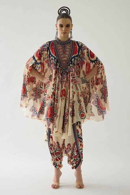 Rajdeep Ranawat_Red Silk Embroidery Bandeau Farah Blooming Petal Print Draped Circular Dress _Online_at_Aza_Fashions