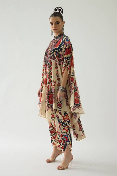 Buy_Rajdeep Ranawat_Red Silk Embroidery Bandeau Farah Blooming Petal Print Draped Circular Dress _Online_at_Aza_Fashions