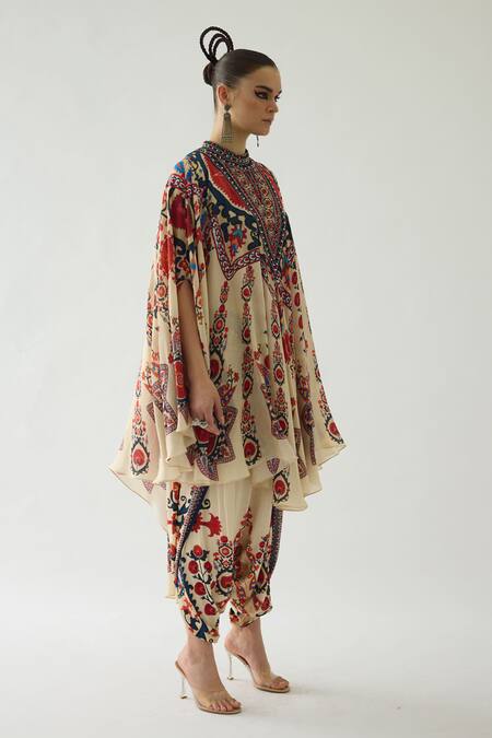 Shop_Rajdeep Ranawat_Red Silk Embroidery Bandeau Farah Blooming Petal Print Draped Circular Dress _Online_at_Aza_Fashions