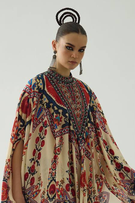 Rajdeep Ranawat_Red Silk Embroidery Bandeau Farah Blooming Petal Print Draped Circular Dress _at_Aza_Fashions