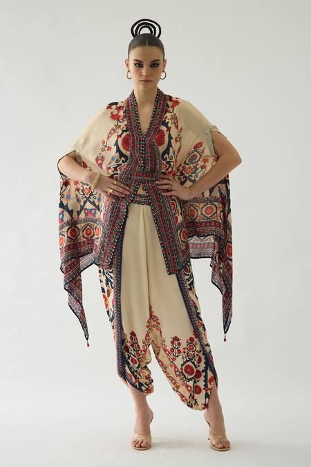 Rajdeep Ranawat_Red Chloe Gul Garden Print Front Open Cape With Belt _Online_at_Aza_Fashions