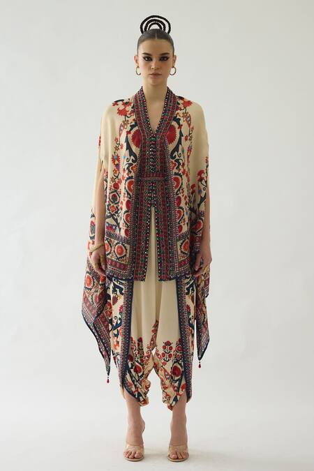 Buy_Rajdeep Ranawat_Red Chloe Gul Garden Print Front Open Cape With Belt _Online_at_Aza_Fashions