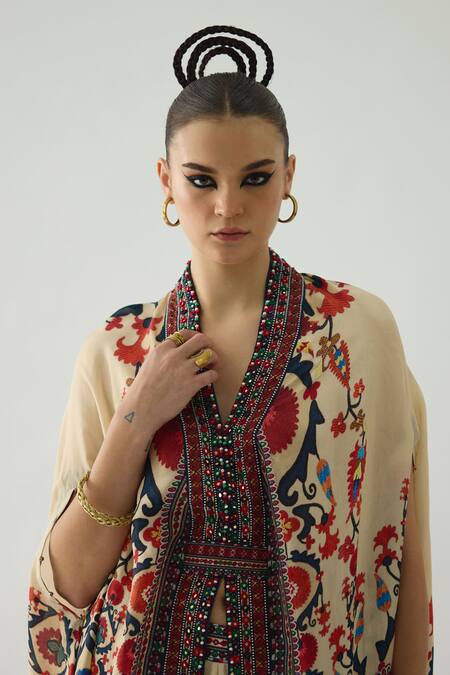 Rajdeep Ranawat_Red Chloe Gul Garden Print Front Open Cape With Belt _at_Aza_Fashions