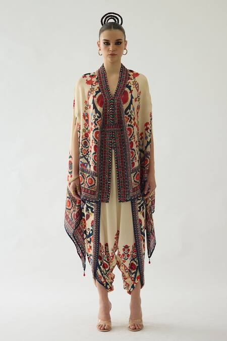 Rajdeep Ranawat_Red Chloe Bahar Garden Print Front Open Cape With Belt _Online_at_Aza_Fashions