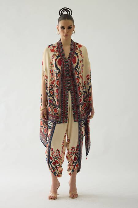 Buy_Rajdeep Ranawat_Red Chloe Bahar Garden Print Front Open Cape With Belt _Online_at_Aza_Fashions