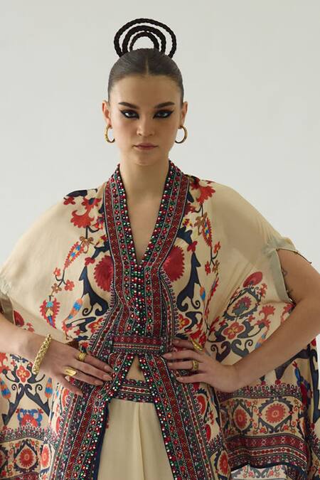 Shop_Rajdeep Ranawat_Red Chloe Bahar Garden Print Front Open Cape With Belt _Online_at_Aza_Fashions