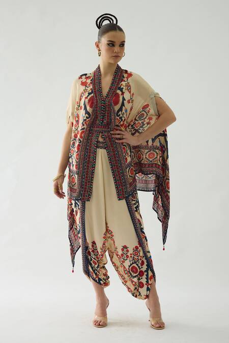 Rajdeep Ranawat_Red Chloe Bahar Garden Print Front Open Cape With Belt _at_Aza_Fashions