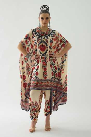 Buy Rajdeep Ranawat Red Silk Embroidery Cowl Neck Lavanya Florid Art Print Tunic at Aza Fashions Buy_Rajdeep Ranawat_Red Silk Embroidery Cowl Neck Lavanya Florid Art Print Tunic _at_Aza_Fashions
