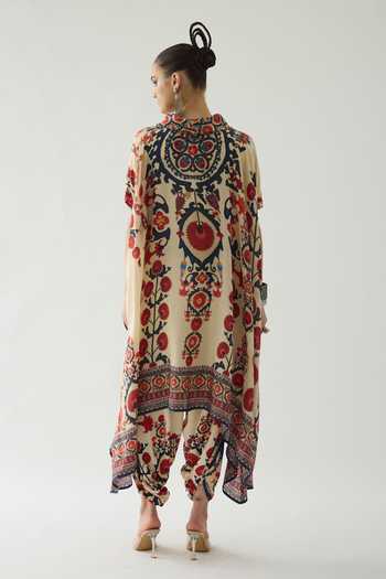 Shop Rajdeep Ranawat Red Silk Embroidery Cowl Neck Lavanya Florid Art Print Tunic at Aza Fashions Shop_Rajdeep Ranawat_Red Silk Embroidery Cowl Neck Lavanya Florid Art Print Tunic _at_Aza_Fashions