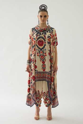 Rajdeep Ranawat Red Silk Embroidery Cowl Neck Lavanya Florid Art Print Tunic Online at Aza Fashions Rajdeep Ranawat_Red Silk Embroidery Cowl Neck Lavanya Florid Art Print Tunic _Online_at_Aza_Fashions