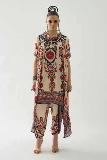 Buy Rajdeep Ranawat Red Silk Embroidery Cowl Neck Lavanya Florid Art Print Tunic Online at Aza Fashions Buy_Rajdeep Ranawat_Red Silk Embroidery Cowl Neck Lavanya Florid Art Print Tunic _Online_at_Aza_Fashions