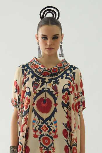 Shop Rajdeep Ranawat Red Silk Embroidery Cowl Neck Lavanya Florid Art Print Tunic Online at Aza Fashions Shop_Rajdeep Ranawat_Red Silk Embroidery Cowl Neck Lavanya Florid Art Print Tunic _Online_at_Aza_Fashions