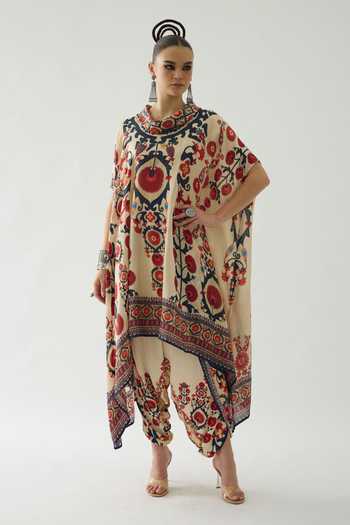 Rajdeep Ranawat Red Silk Embroidery Cowl Neck Lavanya Florid Art Print Tunic at Aza Fashions Rajdeep Ranawat_Red Silk Embroidery Cowl Neck Lavanya Florid Art Print Tunic _at_Aza_Fashions