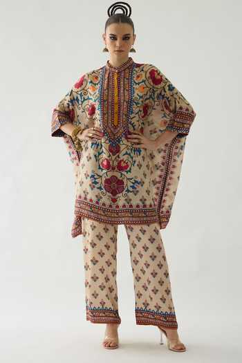 Buy_Rajdeep Ranawat_Beige Modal, Satin Permaz Bouquet Print Flared Pant _Online_at_Aza_Fashions