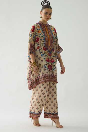 Shop_Rajdeep Ranawat_Beige Modal, Satin Permaz Bouquet Print Flared Pant _Online_at_Aza_Fashions