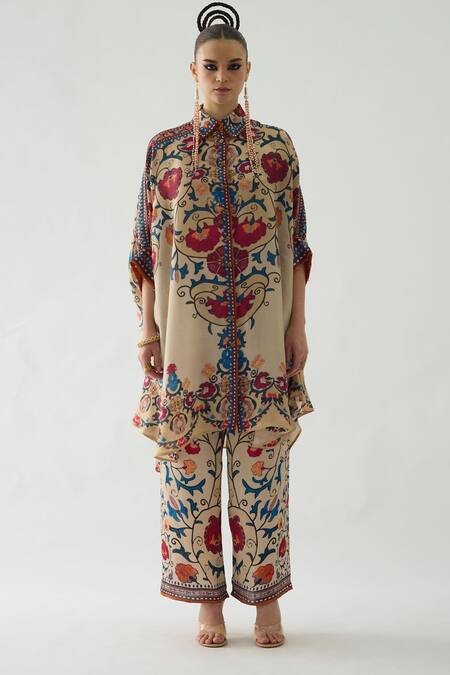 Rajdeep Ranawat_Beige Modal, Satin Permaz Floral Vine Print Flared Pant _Online_at_Aza_Fashions