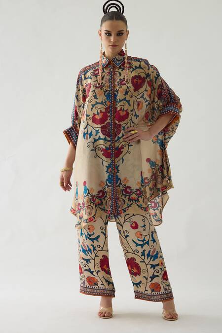 Buy_Rajdeep Ranawat_Beige Modal, Satin Permaz Floral Vine Print Flared Pant _Online_at_Aza_Fashions