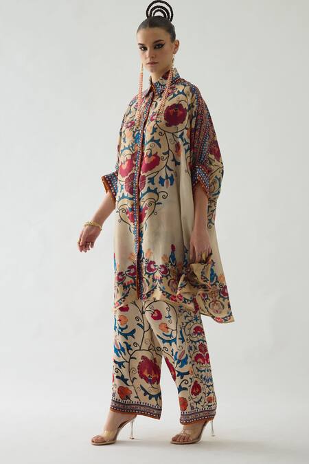Shop_Rajdeep Ranawat_Beige Modal, Satin Permaz Floral Vine Print Flared Pant _Online_at_Aza_Fashions
