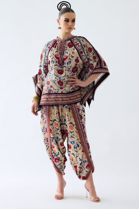 Rajdeep Ranawat Beige Modal Satin Printed Floral Vine Sonth Dhoti Pant