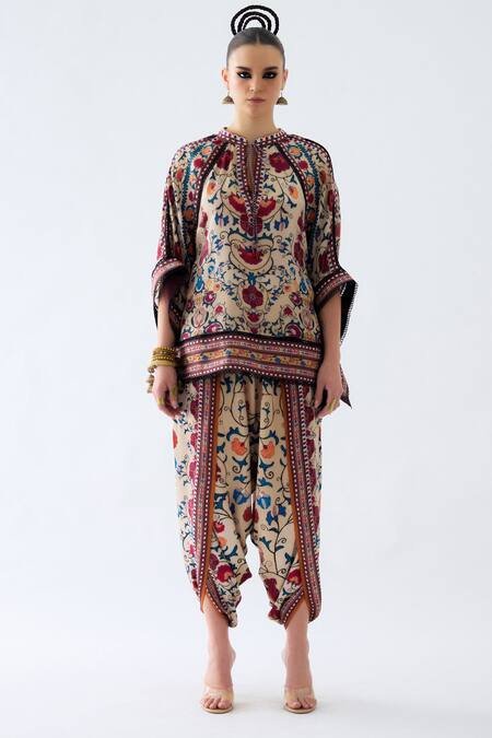 Rajdeep Ranawat Beige Modal, Satin Sonth Floral Vine Print Dhoti Pant Online at Aza Fashions Rajdeep Ranawat_Beige Modal, Satin Sonth Floral Vine Print Dhoti Pant _Online_at_Aza_Fashions