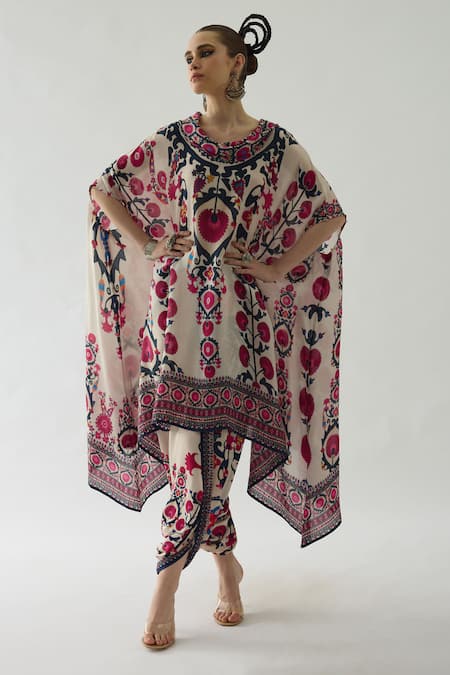 Rajdeep Ranawat Maroon Modal Satin Printed Bloom Sonth Border Dhoti Pant