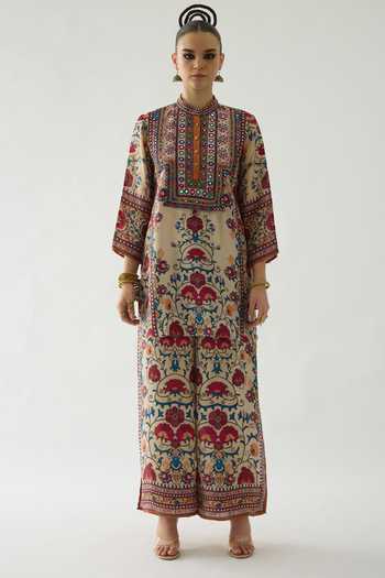 Rajdeep Ranawat_Beige Silk Gloria Printed Double Layered Flared Pant _Online_at_Aza_Fashions